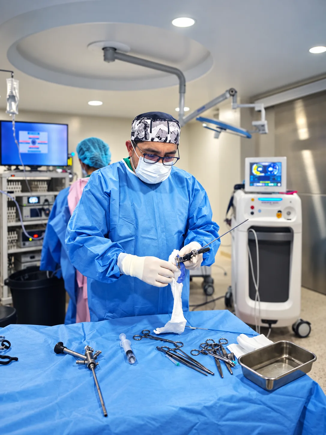 Dr. Pablo Benenaula preparando el equipo de láser HoLEP en el quirófano de la Clínica San Rafael